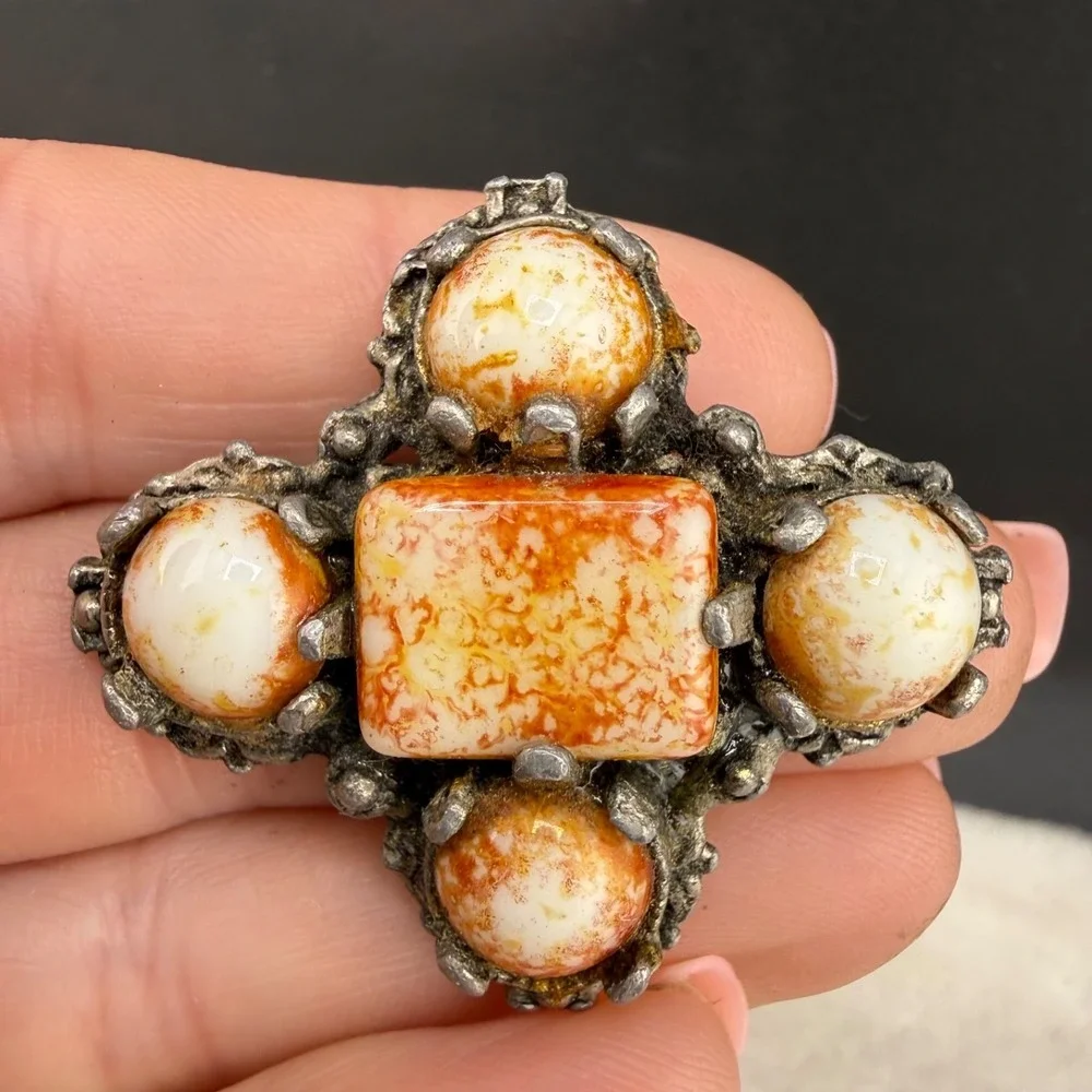 Vintage Polished Stone Celtic Brooch Silver Tone Western